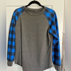 Blue/black buffalo plaid raglan sleeve with gray body T-Shirt